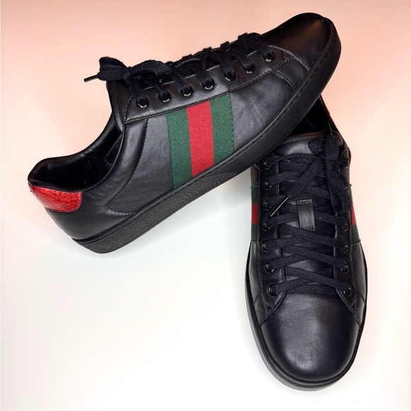 Gucci Men’s Ace Black Leather Python Embossed  Lace Up Sneakers Size- 9.5 - Picture 1 of 12